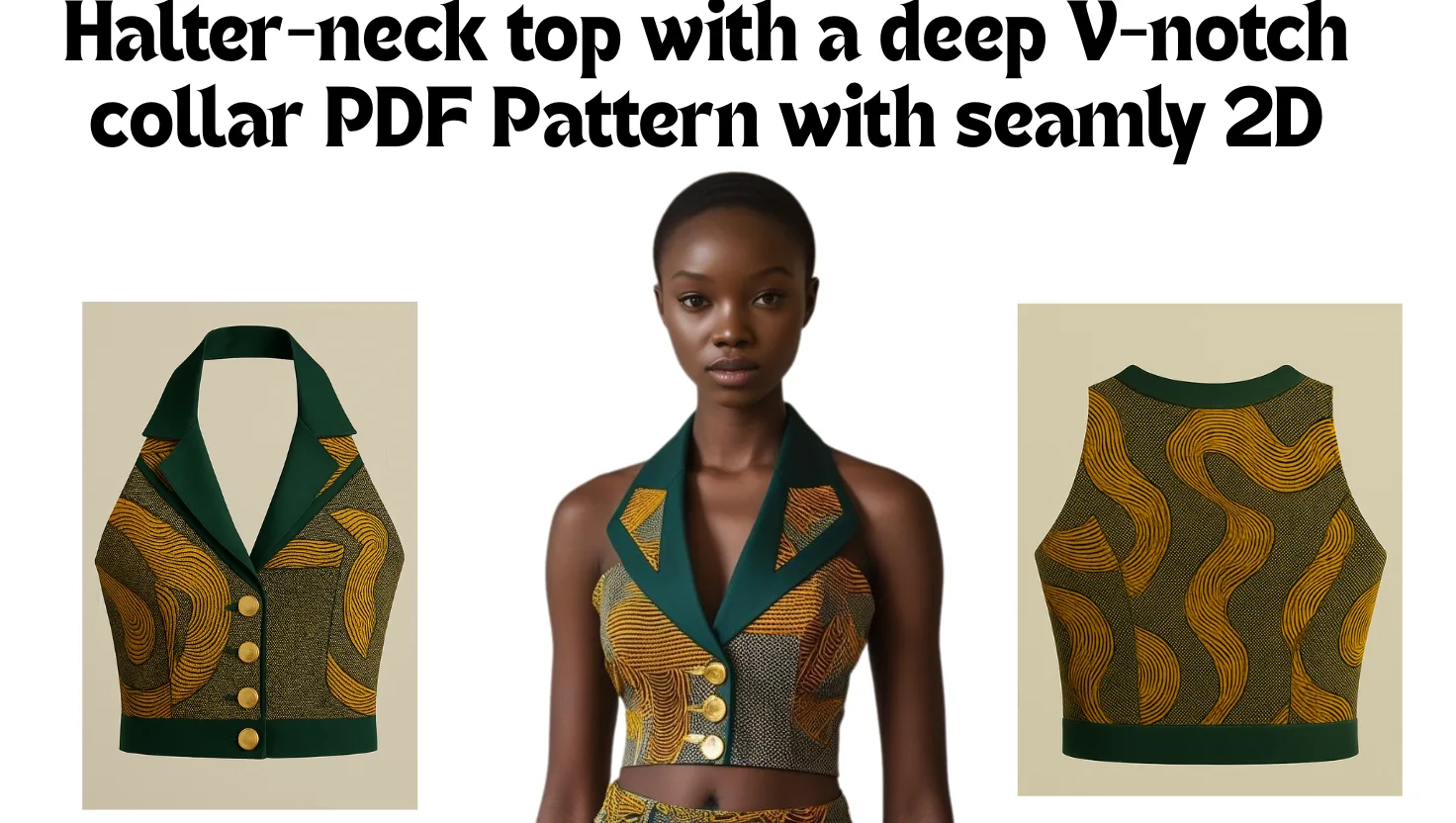halter-neck top with a deep V-notch collar